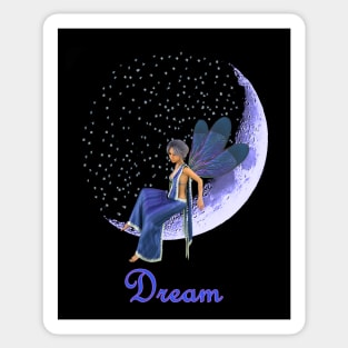 Fairy faerie elf sitting on sickle moon with stars saying dream Sticker